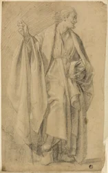 Stående draperet mandsfigur, holdestav