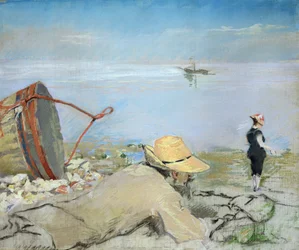 Henri Guerard slapper af på stranden (pastel på lærred)