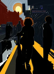 Baggrundsbelyste figurer og sol på Manhattans fortov (digital kunst)