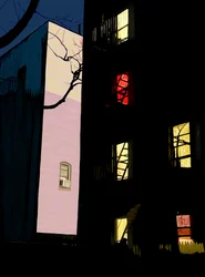 Farverige vinduer i lejlighedskomplekser om natten i Brooklyn (digital kunst)