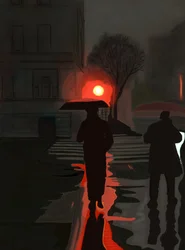 Mand går i regnvejr om natten (digital kunst)