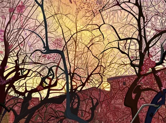 Orange himmel, bygninger og træer om foråret (digital kunst)