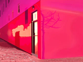 Rødt lys fra sirene og skygger af lille træ på siden af bygning på 12th street i snevejr (digital kunst)