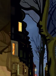 Gade- og bygningstoppe om natten (digital kunst)