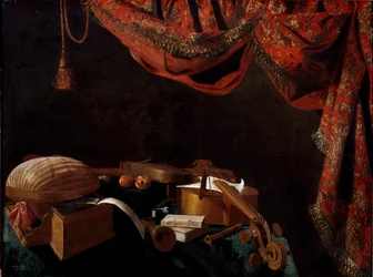 Stilleben med musikinstrumenter og bøger Maleri af Evaristo Baschenis