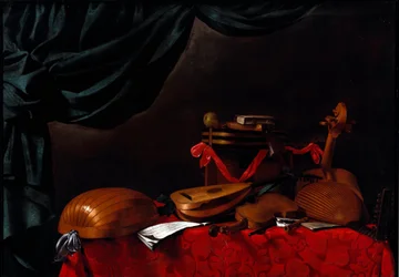 Stilleben med musikinstrumenter og en pære Maleri af Evarista Baschenis (1617-1677) 1600-tallet. Bergamo, Accademia Carrara, Italien