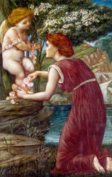 "Amor-kulten" Ung kvinde holder en statuette af kærlighedsguden. Maleri af Evelyn De Morgan (1855-1919) (prerafaelit) Privat samling