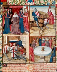 Kong Arthur holder hof, Lancelot ledet af en dame til klostret, blødgørende fra Galahad (Gaalad eller Galaad) til klostret og ridderne af det runde bord omkring den hellige gral-manuskriptside "" Ridderens romerske Tristan og dronning Yseult" af Gassien de