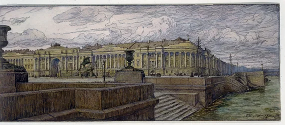 Senatspladsen i Sankt Petersborg. Beskrivelse af bygninger på bredden af ​​Neva. Værk af Evgeny Evgenyevich Lanceray (Eugene Lansere) (1875-1946), litografi
