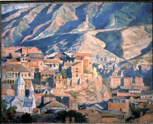 Tbilisi (Republikken Georgien) (Tiflis) - Udsigt over en by i Kaukasus, i et landskab af klippefyldte bjerge - Maleri af Evgeny Evgenyvich Lanceray (Eugene Lansere) (1875-1946), olie på lærred