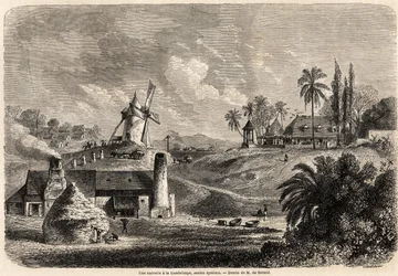 En sukkerfabrik i Guadeloupe, tegning af Auguste de Berard (1824-1881), for at illustrere rejserne til Vestindien, i 1858-1859, af Anthony Trollope (1815-1882). Indgravering i "" Le tour du monde, nouveau journal des voyages"" Paris
