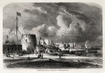 Havn i byen Zanzibar (nuværende Tanzania), tegning af Evremond de Berard (1824-1881), for at illustrere kaptajn Burtons rejse til de store søer i Østafrika i 1857-1859. Indgravering i "" Le tour du monde, nouveau journal des voyages"" Paris