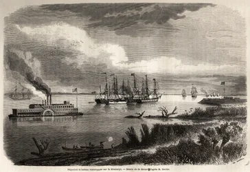 Skib og slæbebåd på Mississippi, tegning af Evremond Auguste de Berard (1824-1881), for at illustrere rejsen til New Orleans i 1855 af Elysee (Elisee) Reclus (1830-1905). Indgravering i "" Le tour du monde, nouveau journal des voyages"" Paris