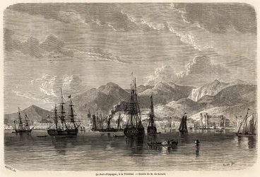 Spaniens havn, i Trinidad (Trinidad og Tobago), tegning af Evremond Auguste de Berard (1824-1881), for at illustrere rejserne til Vestindien, i 1858-1859, af Anthony Trollope (1815-1882). Indgravering i "" Le tour du monde, nouveau journal des voya