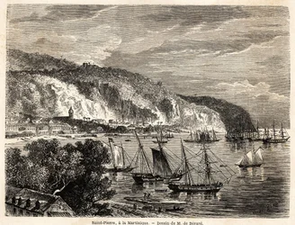 Udsigt over Saint Pierre på Martinique, tegning af Auguste de Berard (1824-1881), for at illustrere rejserne til Vestindien, i 1858-1859, af Anthony Trollope (1815-1882). Gravering i "" Jorden rundt, ny rejsejournal"" Paris
