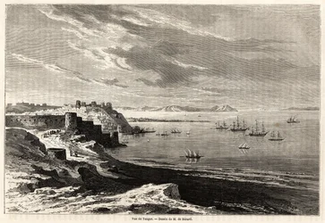 Udsigt over Tangier (Marokko), tegning af Evremond de Berard (1824-1881), for at illustrere M.F.Schicklers rejsenotater til Marokko. Indgravering i "" Le tour du monde, nouveau journal des voyages"" Paris