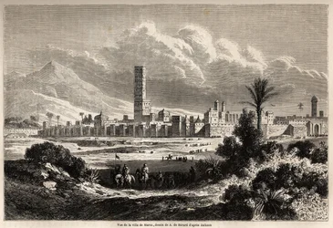 Udsigt over byen Marrakech (tidligere Marokko), tegning af Auguste de Berard (1824-1881), for at illustrere Mr.F. Schicklers rejse til Marokko i 1860. Indgravering i "" Le tour du monde, nouveau journal des voyages"" Paris