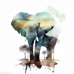 Akvarel elefant maleri, afrikansk savanne, firkantede væg kunst print
