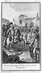 Hernando Cortes (1485-1547) Gennemgang af sine tropper, indgraveret af Antonio Rodriquez