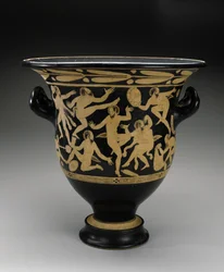 Hvidfigur klokkekrater med dansende satyrer, 400-351 f.Kr. (terracotta)