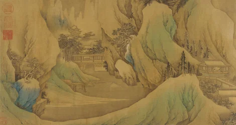 Rejser ved daggry i de sneklædte foothills, Qing-dynastiet, 1600-tallet.