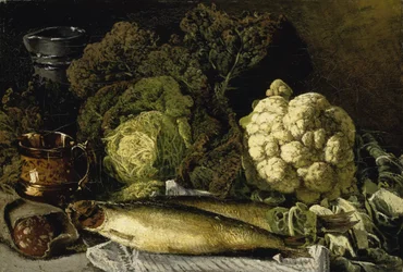 Stilleben med grøntsager og fisk