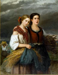 Markernes tilbagevenden To unge bønder iført hvedekolber i deres forklæder står sammen. Maleri af Federica Giuliano Gervasoni (1838-1915) 1863 søn. 135x105 cm Genes Nervi, Galleria d