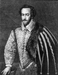 Portræt af Sir Walter Raleigh (1554 - 1618), engelsk navigatør, hofmand og forfatter. Gravering efter et maleri tilskrevet Federico Zuccaro (eller Zuccari) (1549 - 1609) fra 1588.