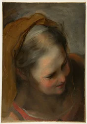 Hoved af en gammel kvinde, der ser ned mod højre (Sankt Elisabeth)
