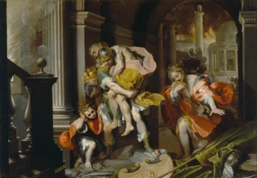Aeneas og Anchises flygter fra Troja, ca. 1587 (pen & blæk og olie med hvid forhøjning)