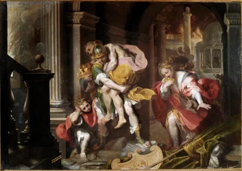 Æneas bærer sin far Anchises på skuldrene og flygter fra Trojas brand. Maleri af Federico Fiori, kaldet il Barocci (1528/35-1612), 1598. Olie. 179x253 cm. Rom, Galleria Borghese