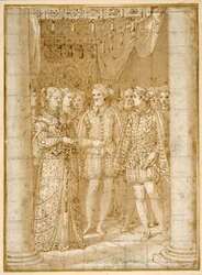 Ottaviano Farneseses forlovelse med Margaretha af Parma i nærværelse af Henri II af Frankrig (pen og blæk på papir)