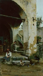Farmyard Scene (olie på panel)