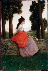Ung dame venter på noget, siddende på en lille væg - Maleri af Federico Zandomeneghi (1841-1917) Privat samling