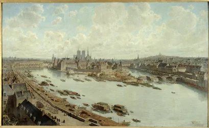 Panoramaudsigt over Paris i 1588, fra Louvres tage, med Pont-Neuf under opførelse