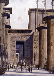 Genopbygning af Amons tempel. Illustration af F. Hoffebauer. 19. århundrede.