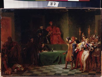 Mosaikkunstnere før rådet af tre i Venedig (Italien) (mosaikkunstnere før rådet af tre i Venedig). Maleri af Feodor Andreyevich Bronnikov (1827-1902). Olie på lærred, før 1886, 25,5 x 37,5 cm, russisk kunst. Staten A. Radishchev kunstmuseum,