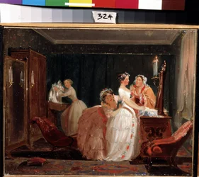 Bryllupsforberedelserne. En borgerlig pige i brudekjole forbereder sig til bryllupsceremonien. Værk af Feodor Andreyevich Bronnikov (1827-1902). Olie på papir, 26 x 33 cm