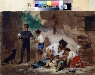 Hundefrisør i Napoli (Italien) (Hundefrisør i Napoli). Værk af Feodor Andreyevich Bronnikov (1827-1902). Olie på pap, 33 x 50 cm, russisk kunst. Museum for regionale studier, Shadrinsk (Rusland).