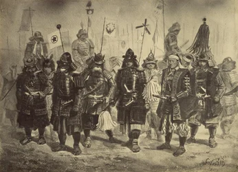 Fotografisk kopi af en tegning af japanske krigere af Charles Wirgman