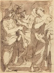 Allegory of Justice (pen og brunt blæk med violet-brun vask over sort kridt på vævet papir)