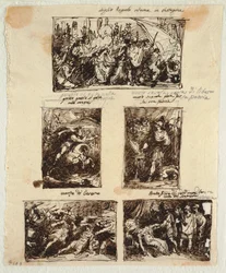 Design til forskellige dekorationer, herunder Coriolanus ved Roms mure