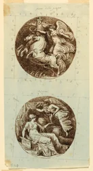 Tegning, En bevinget sejr på en vogn; En bevinget sejr, der kroner Minerva; to rundeller, ca. 1805