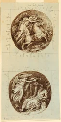 Tegning, En bevinget sejr på en vogn; En bevinget sejr, der kroner en flodgud, Reno; to rundeller, ca. 1805