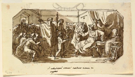Tegning, loftsdesign: Den romerske ambassadør beder sabineren Numa Pompilius om at regere over Rom, Sala di Numa Pompilio, Palazzo Milzetti, Faenza, 1802-05