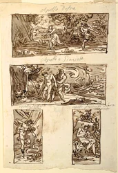 Fire tegninger af myten om Apollon; Udsmykning af en væg over en kappe, Sala di Apollo, Palazzo Cavina, Faenza