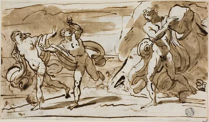 Polyphemus kaster kampesten mod de flygtende Aeis og Galatea (recto); Polyphemus Playing His Reed Pipes for Galatea (verso)