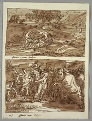 Romulus og Remus diede ulven; Romulus dedikerer Jove Feretrius byttet af den erobrede kong Acronius, to studier efter Carracci