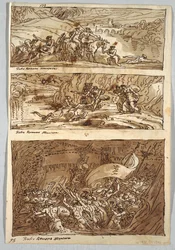 Skitsebogsside, Folio 95: Tre malerier efter Giulio Romano; Verso: Løve og Ørn