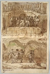 Skitsebogsside, Folio 98: To malerier efter Caravaggio og Raphael; Bagside: Ørn og Okse